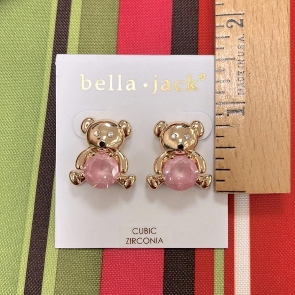 Brand New Bella Jack Teddy Bear Post Earring Gold Tone w/ Pink Stone
